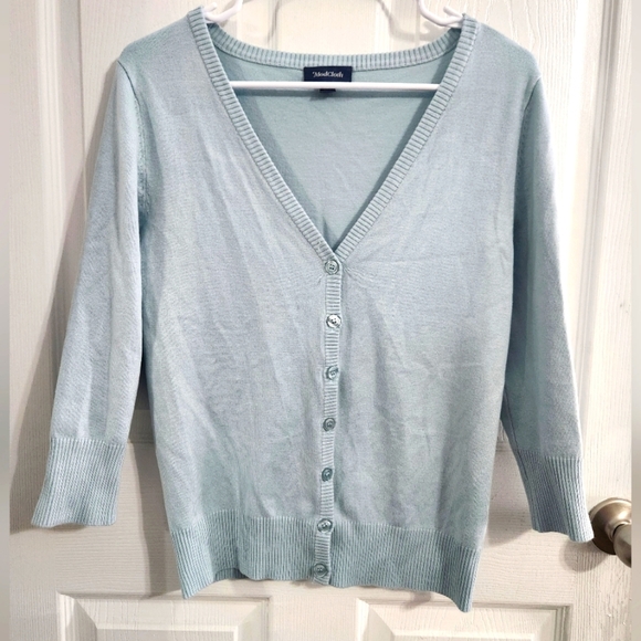 Modcloth blue button front lightweight stretch knit 3/4 sleeve cardigan Medium - Picture 1 of 7